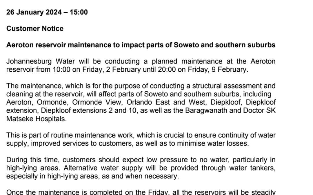 Aeroton reservoir maintenance to impact parts of Soweto and southern suburbs
