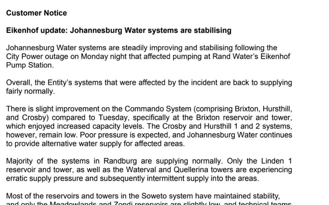 Eikenhof update: Johannesburg Water systems are stabilising