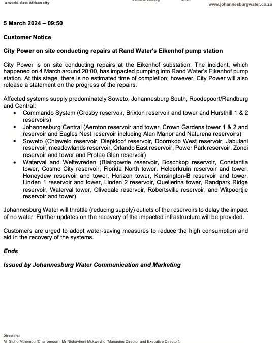 City Power on site conducting repairs at Rand Water’s Eikenhof pump station